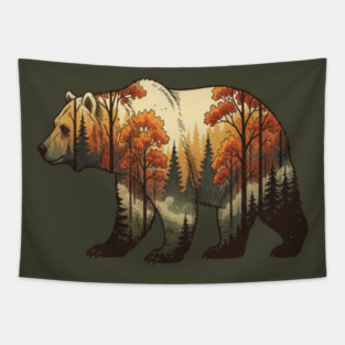 Autumn Grizzly Bear Double Exposure Silhouette Nature Tapestry