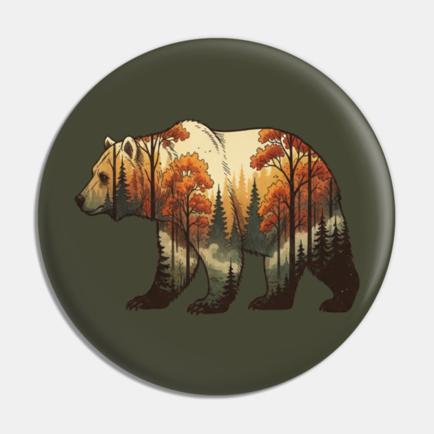 Autumn Grizzly Bear Double Exposure Silhouette Nature Pin by BirdsnStuff