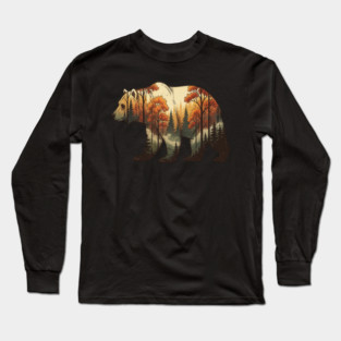 Autumn Grizzly Bear Double Exposure Silhouette Nature Long Sleeve T-Shirt