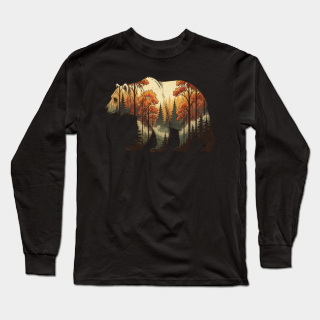 Autumn Grizzly Bear Double Exposure Silhouette Nature Long Sleeve T-Shirt by BirdsnStuff