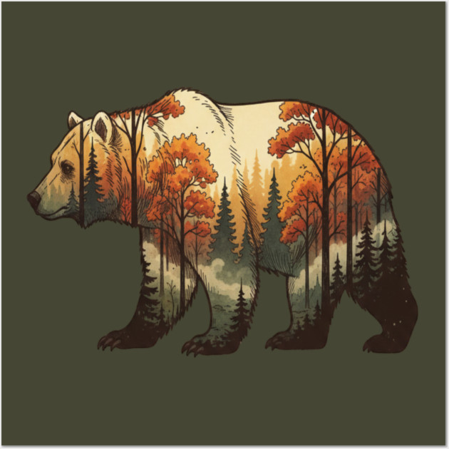 Autumn Grizzly Bear Double Exposure Silhouette Nature Wall Art by BirdsnStuff