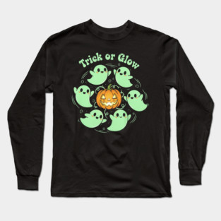 Trick or Glow – Kawaii Ghost Ring with Pumpkin | horror halloween | retro halloween | Vintage Halloween | Anniversary Gift | Halloween Spirit | Halloween gift Long Sleeve T-Shirt