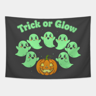 Trick or Glow – Kawaii Ghost Squad & Pumpkin | horror halloween | retro halloween | Vintage Halloween | Anniversary Gift | Halloween Spirit | Halloween gift Tapestry