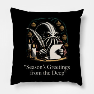 Dark Blue Holiday Scene with Squid, Candles, and Ornaments Pillow