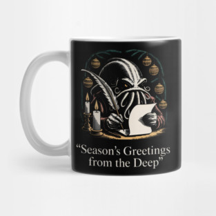 Dark Blue Holiday Scene with Squid, Candles, and Ornaments Mug
