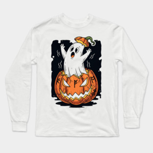 Spooky Pumpkin Ghost Popping Out with Halloween Runes Funny Long Sleeve T-Shirt
