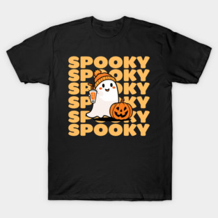 Spooky Ghost with Pumpkin and Drink – Fun Halloween T-Shirt