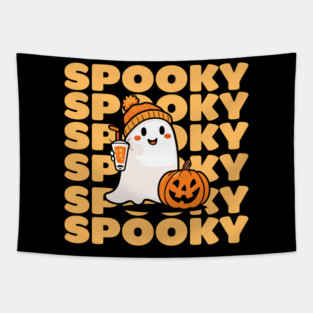 Spooky Ghost with Pumpkin and Drink – Fun Halloween Tapestry