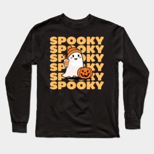 Spooky Ghost with Pumpkin and Drink – Fun Halloween Long Sleeve T-Shirt