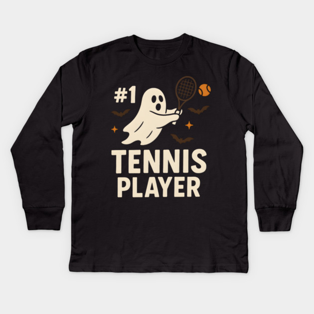 #1 Tennis Player Funny Halloween Ghost Gift Kids Long Sleeve T-Shirt by MakerMind8.2