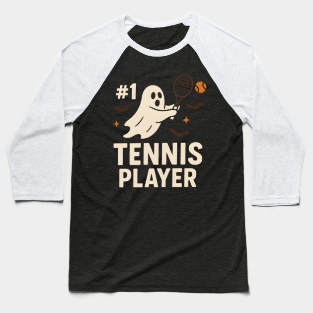 #1 Tennis Player Funny Halloween Ghost Gift Baseball T-Shirt by MakerMind8.2