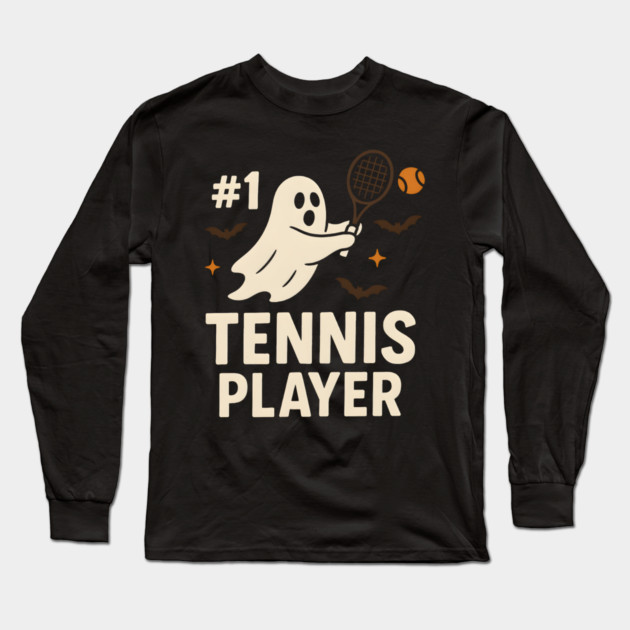 #1 Tennis Player Funny Halloween Ghost Gift Long Sleeve T-Shirt by MakerMind8.2