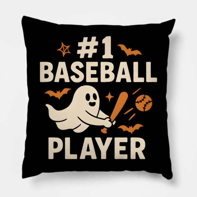 #1 Baseball Player Funny Halloween Ghost Gift Pillow by MakerMind8.2