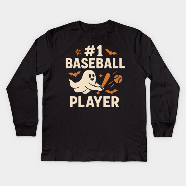 #1 Baseball Player Funny Halloween Ghost Gift Kids Long Sleeve T-Shirt by MakerMind8.2