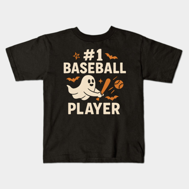 #1 Baseball Player Funny Halloween Ghost Gift Kids T-Shirt by MakerMind8.2