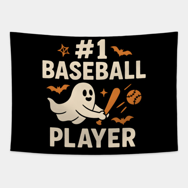 #1 Baseball Player Funny Halloween Ghost Gift Tapestry by MakerMind8.2