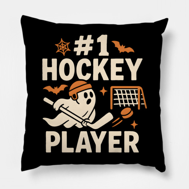 #1 Hockey Player Funny Halloween Ghost Gift Pillow by MakerMind8.2