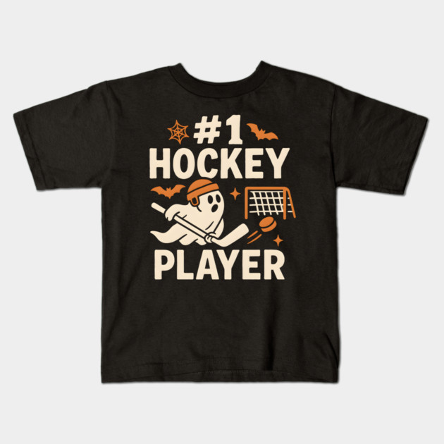 #1 Hockey Player Funny Halloween Ghost Gift Kids T-Shirt by MakerMind8.2