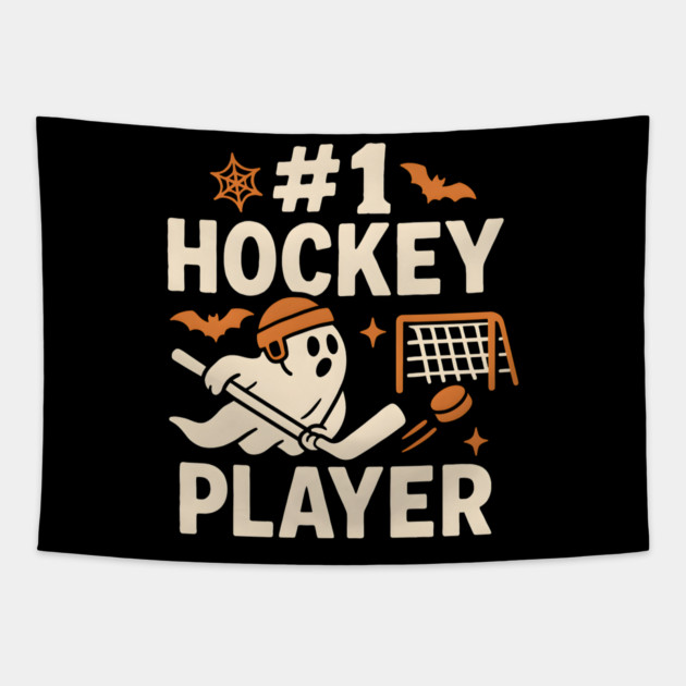#1 Hockey Player Funny Halloween Ghost Gift Tapestry by MakerMind8.2