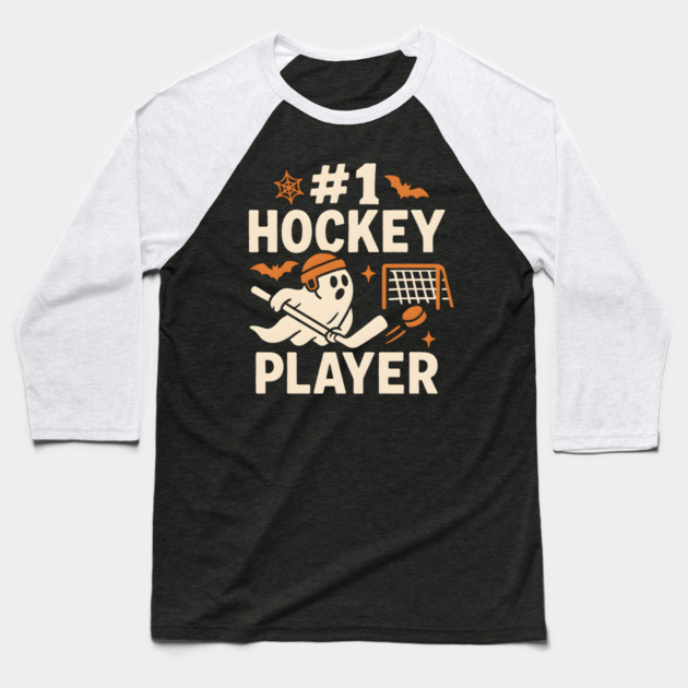 #1 Hockey Player Funny Halloween Ghost Gift Baseball T-Shirt by MakerMind8.2