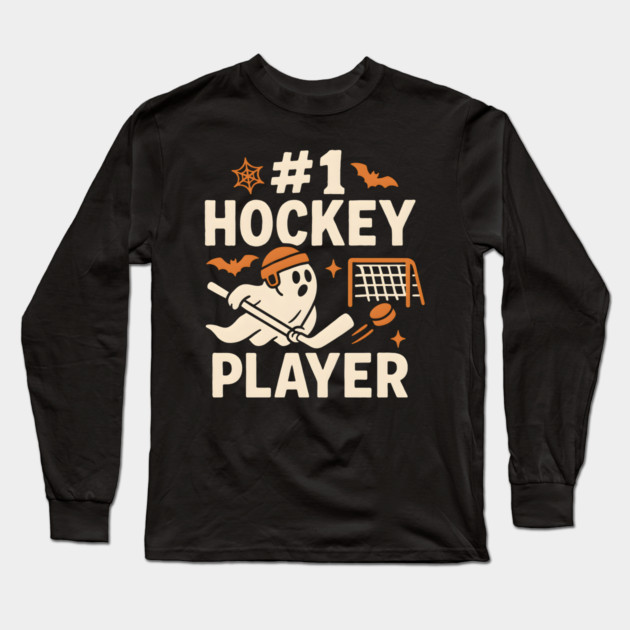 #1 Hockey Player Funny Halloween Ghost Gift Long Sleeve T-Shirt by MakerMind8.2