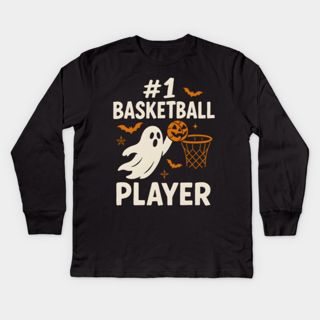 #1 Basketball Player Funny Halloween Ghost Gift Kids Long Sleeve T-Shirt by MakerMind8.2