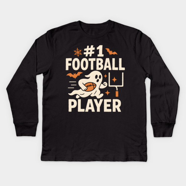 #1 Football Player Funny Halloween Ghost Gift Kids Long Sleeve T-Shirt by MakerMind8.2