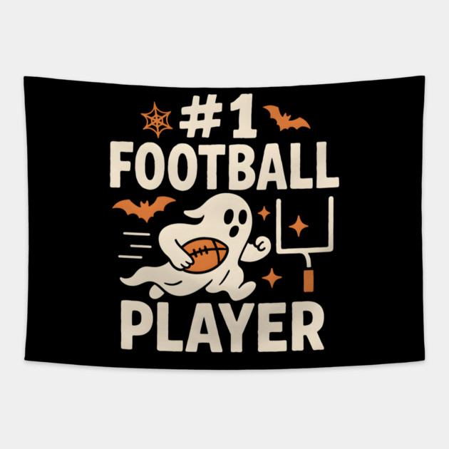 #1 Football Player Funny Halloween Ghost Gift Tapestry by MakerMind8.2