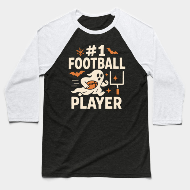 #1 Football Player Funny Halloween Ghost Gift Baseball T-Shirt by MakerMind8.2