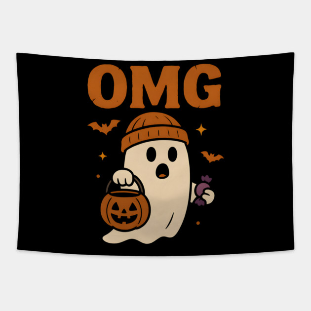 OMG Funny Ghost Halloween Candy Trick or Treat Gift Tapestry by MakerMind8.2