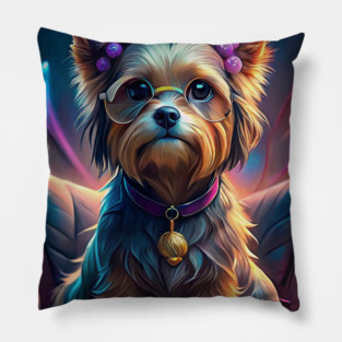 Adorable Yorkie Dog with Glasses and Bows – Cute Retro Pop Art Style Pillow