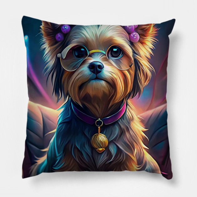 Adorable Yorkie Dog with Glasses and Bows – Cute Retro Pop Art Style Pillow by IamActiveDog