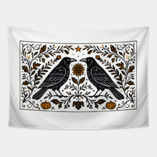 Facing Ravens in Black and Orange, Horizontal Tapestry