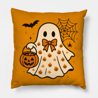 Cute Halloween Ghost with Pumpkin Pail Pillow