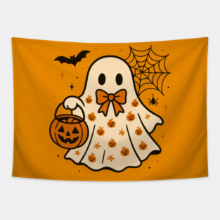 Cute Halloween Ghost with Pumpkin Pail Tapestry