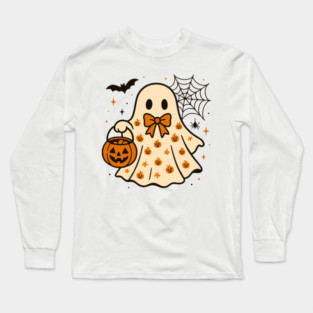 Cute Halloween Ghost with Pumpkin Pail Long Sleeve T-Shirt