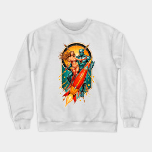 REVISTANGO #487 - Galactic Pin-Up Woman and Blue Android Embrace a Blasting Rocket in an Explosive Retro Pulp Magazine Illustration, Sexy Pin-Up Vintage Art Retro Style Comic Crewneck Sweatshirt