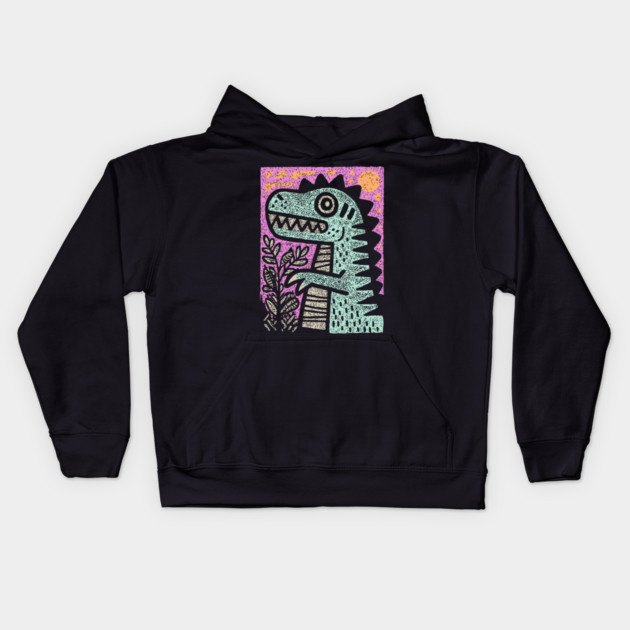 Folk Art T-Rex | The Prehistoric Storybook Character Kids Hoodie by TuncGK