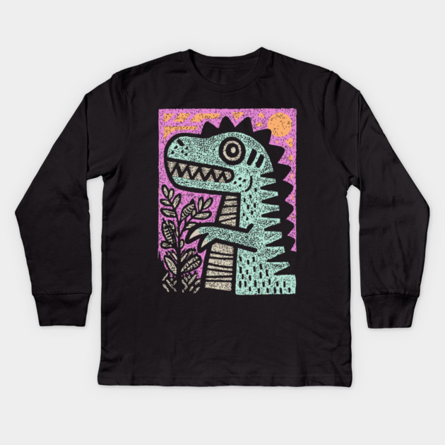 Folk Art T-Rex | The Prehistoric Storybook Character Kids Long Sleeve T-Shirt by TuncGK