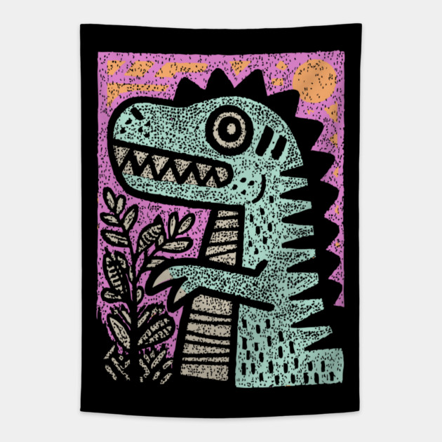 Folk Art T-Rex | The Prehistoric Storybook Character Tapestry by TuncGK
