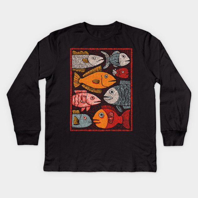 The River of Life | A School of Folk Art Fish Kids Long Sleeve T-Shirt by TuncGK