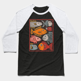 The River of Life | A School of Folk Art Fish Baseball T-Shirt