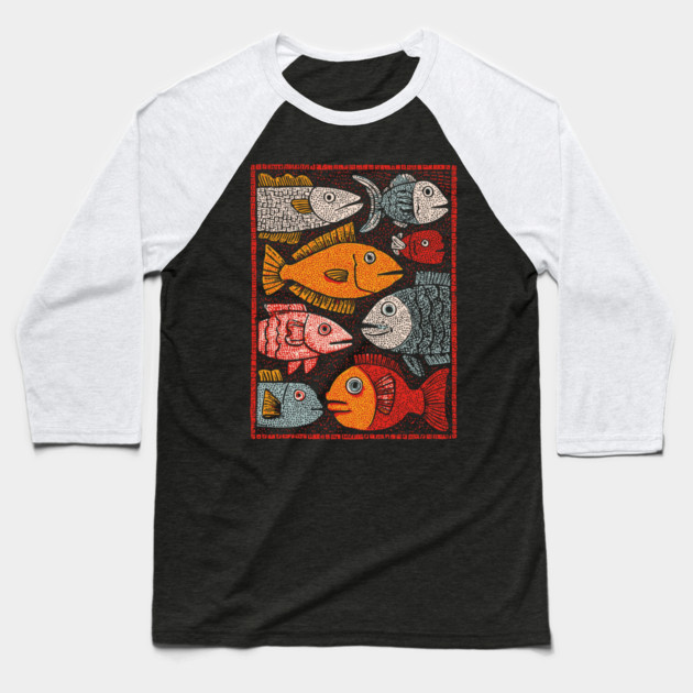 The River of Life | A School of Folk Art Fish Baseball T-Shirt by TuncGK