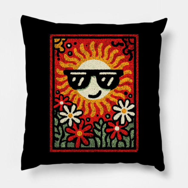 Groovy Sun with Sunglasses | Retro Flower Power Pillow by TuncGK