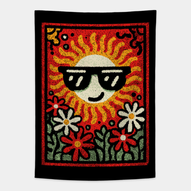 Groovy Sun with Sunglasses | Retro Flower Power Tapestry by TuncGK