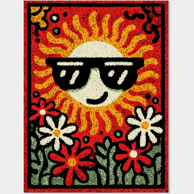 Groovy Sun with Sunglasses | Retro Flower Power Wall Art by TuncGK