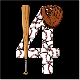 Kids 4th Birthday Four, 4 Year Old Boys Birthday Baseball Theme Posters and Art
