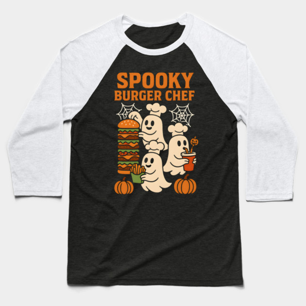 Spooky Burger Chef Halloween Ghost Cooking Graphic Gift Baseball T-Shirt by MakerMind8.2