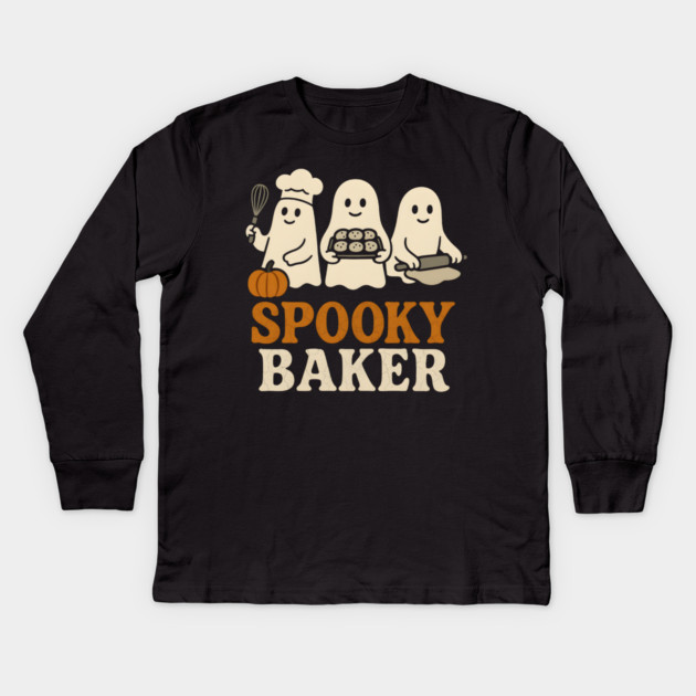 Spooky Baker Halloween Ghost Baking Cookies Graphic Gift Kids Long Sleeve T-Shirt by MakerMind8.2