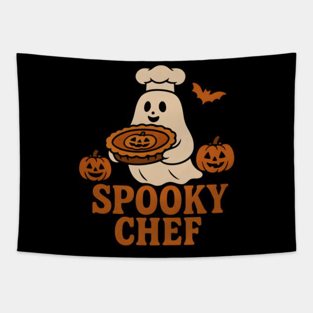 Spooky Chef Halloween Ghost Pumpkin Pie Graphic Gift Tapestry by MakerMind8.2